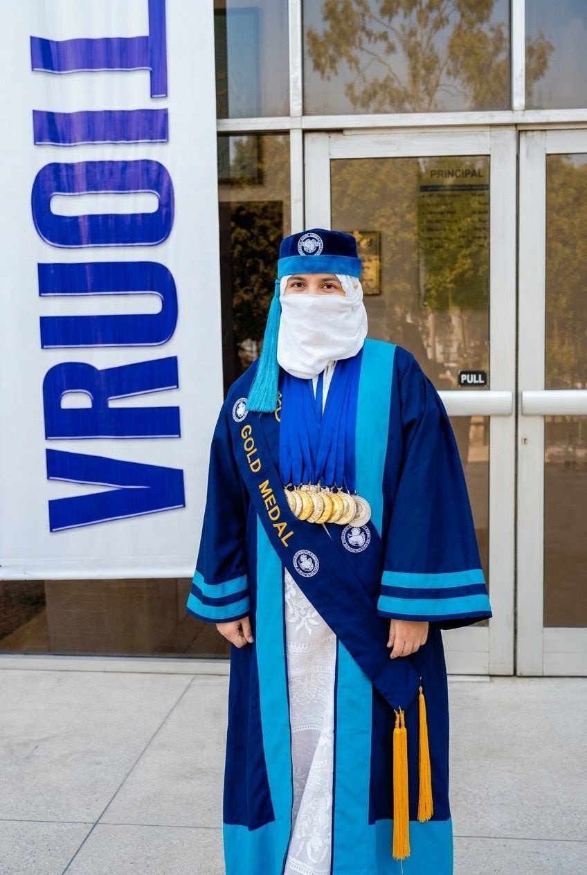 Dr. Sameen in academic robes at the Allama Iqbal Medical College convocation, wearing the gold-medal sash