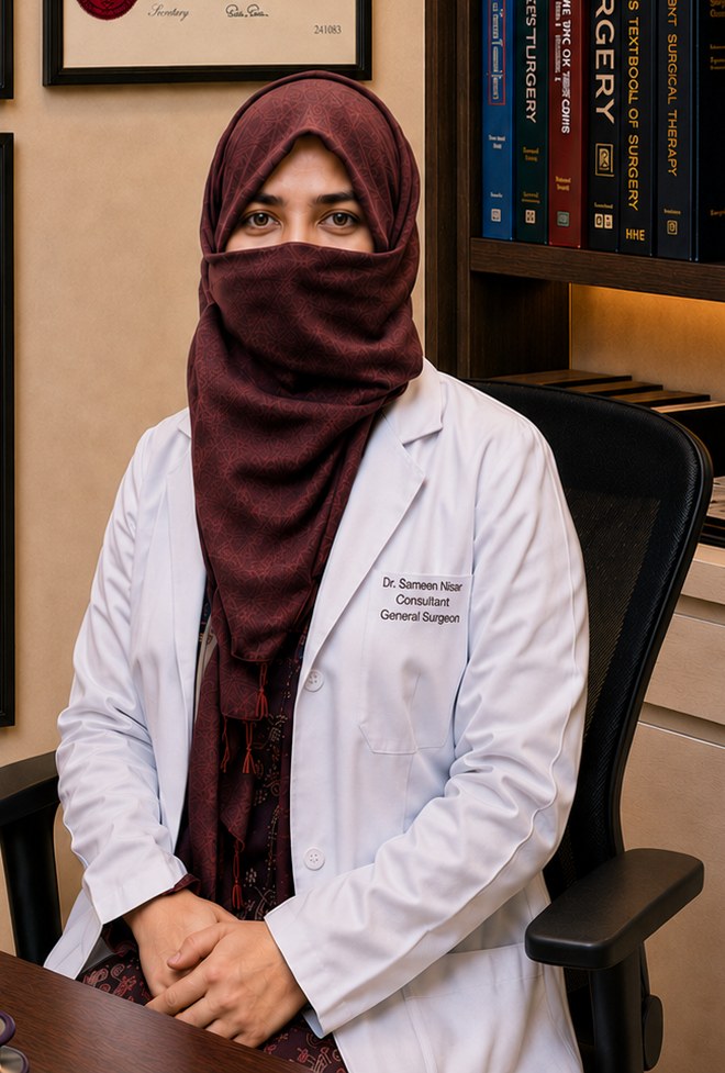 Dr. Sameen Nisar Hamdani, female consultant surgeon, at her clinic in Lahore